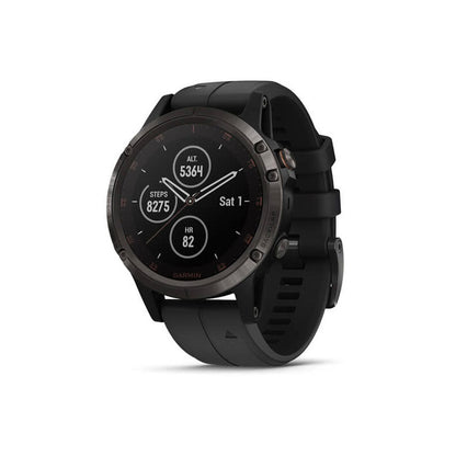 Garmin fēnix 5 Plus GPS watch with carbon gray DLC titanium case and black silicone band