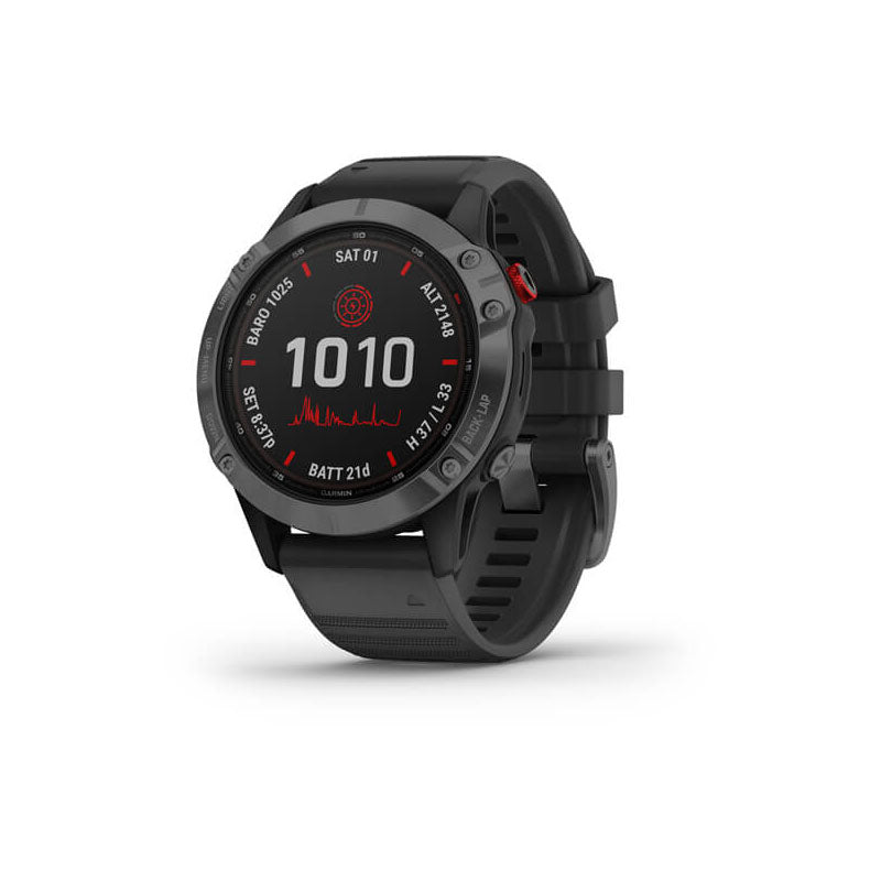 Garmin fēnix 6 Pro Solar Edition GPS watch in slate gray with black silicone band showing color display screen