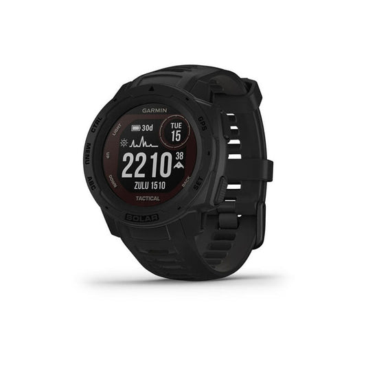 Garmin Instinct Solar Tactical Edition GPS watch in black with rugged polymer case and digital display