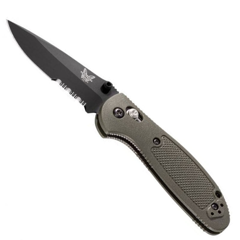 Benchmade Mini Griptilian folding knife with black serrated blade and olive drab handle, AXIS lock mechanism visible