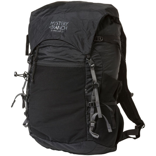 Mystery Ranch In and Out 22 black packable daypack with drawstring top and external pockets