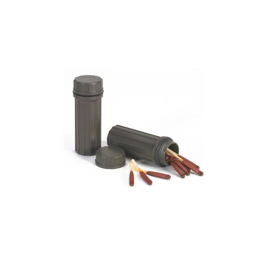NDuR waterproof match holder showing plastic tube with screw cap and striker bar on bottom