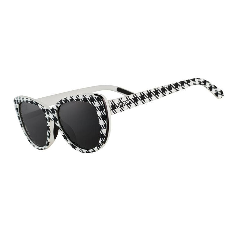 Goodr Gingham is Sooo Last Season black and white patterned cat-eye sunglasses with polarized lenses