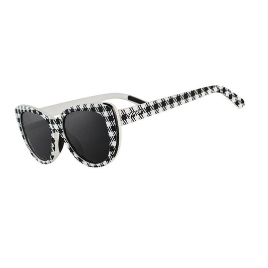 Goodr Gingham is Sooo Last Season black and white patterned cat-eye sunglasses with polarized lenses