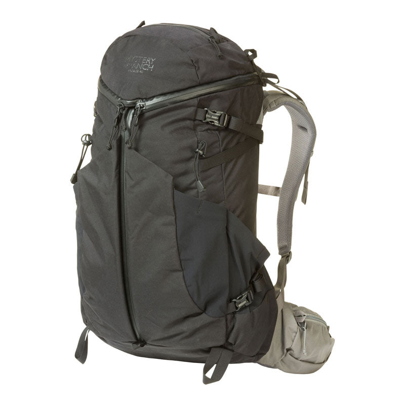 Mystery Ranch Coulee 40 backpack in mineral gray showing 3-ZIP design and exterior stretch pockets