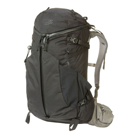 Mystery Ranch Coulee 40 backpack in mineral gray showing 3-ZIP design and exterior stretch pockets