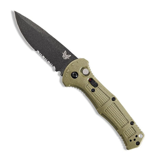 Benchmade 9070SBK-1 Claymore automatic folding knife with black serrated blade and ranger green handle