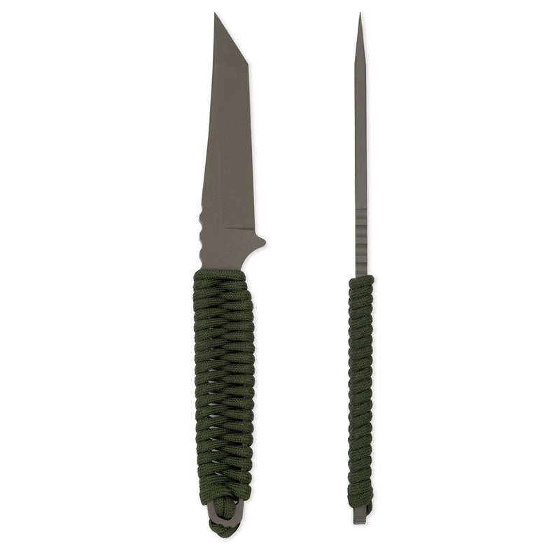 Toor Knives Kingpin fixed blade knife with paracord wrapped handle and black Kydex sheath on white background