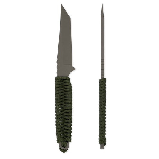 Toor Knives Kingpin fixed blade knife with paracord wrapped handle and black Kydex sheath on white background