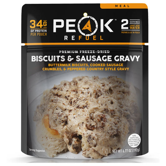 Peak ReFuel Biscuits and Sausage Gravy freeze-dried meal pouch with 34 grams protein for camping and outdoor activities