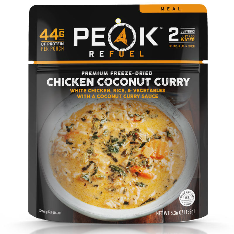 Peak ReFuel Chicken Coconut Curry freeze-dried adventure meal pouch with coconut curry and real chicken