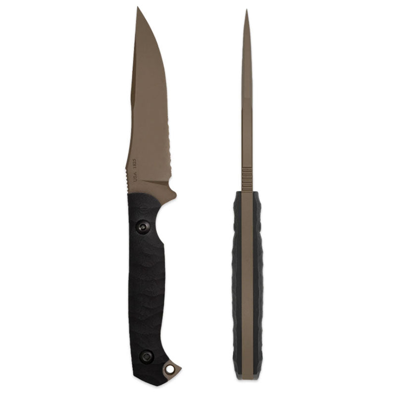 Toor Knives Krypteia JD35S fixed blade knife with bronze coating, serrated edge, and textured G10 handle