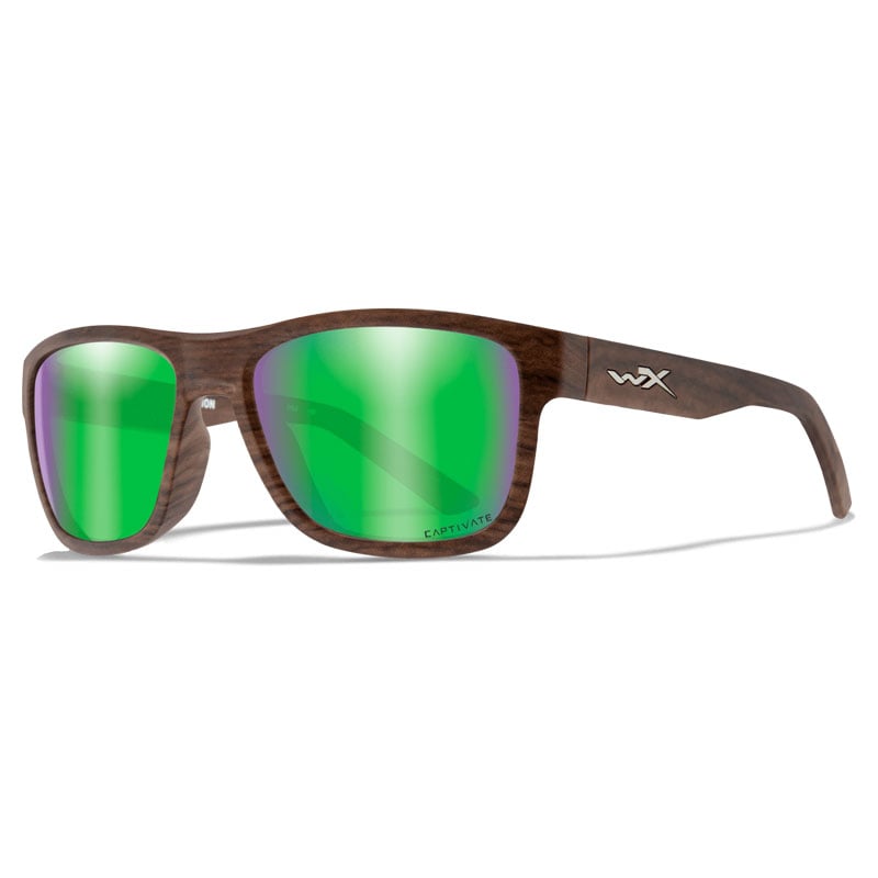 Wiley X Ovation Matte Woodgrain Frame Captivate Polarized Green Mirror Lens Sunglasses - Tactical Edge
