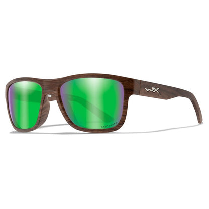 Wiley X Ovation Matte Woodgrain Frame Captivate Polarized Green Mirror Lens Sunglasses - Tactical Edge