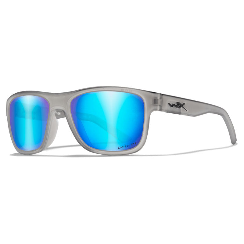 Wiley X Ovation sunglasses with matte slate frame and blue mirror polarized lenses, removable side shields attached