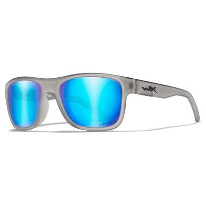 Wiley X Ovation sunglasses with matte slate frame and blue mirror polarized lenses, removable side shields attached