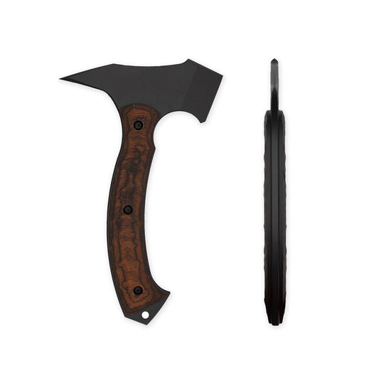 Toor Knives F13 Tommy tactical tomahawk with textured G10 handle and Kydex sheath on white background