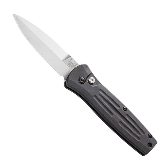 Benchmade 3551 Stimulus Auto folding knife with black aluminum handle and satin finished spear-point blade