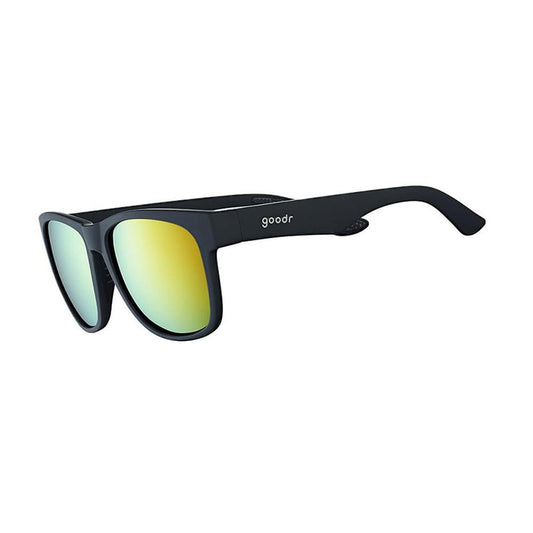 Goodr BFG Beelzebub's Bourbon Burpees sunglasses with black frames and reflective bourbon-colored lenses