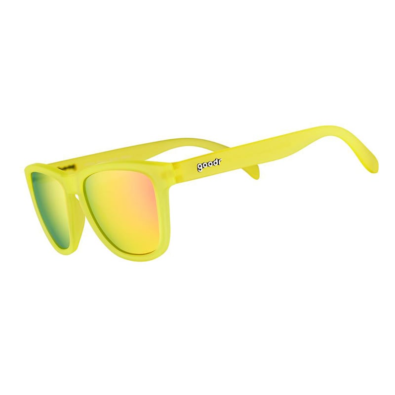 Goodr OG's Wakka Wakka yellow frame sunglasses with pink polarized lenses gaming-inspired design