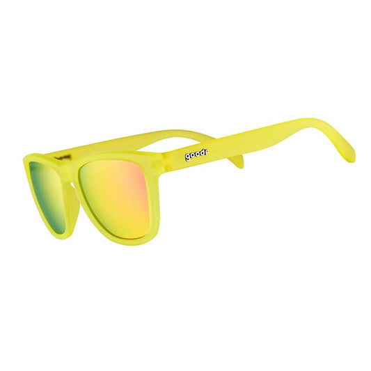Goodr OG's Wakka Wakka yellow frame sunglasses with pink polarized lenses gaming-inspired design