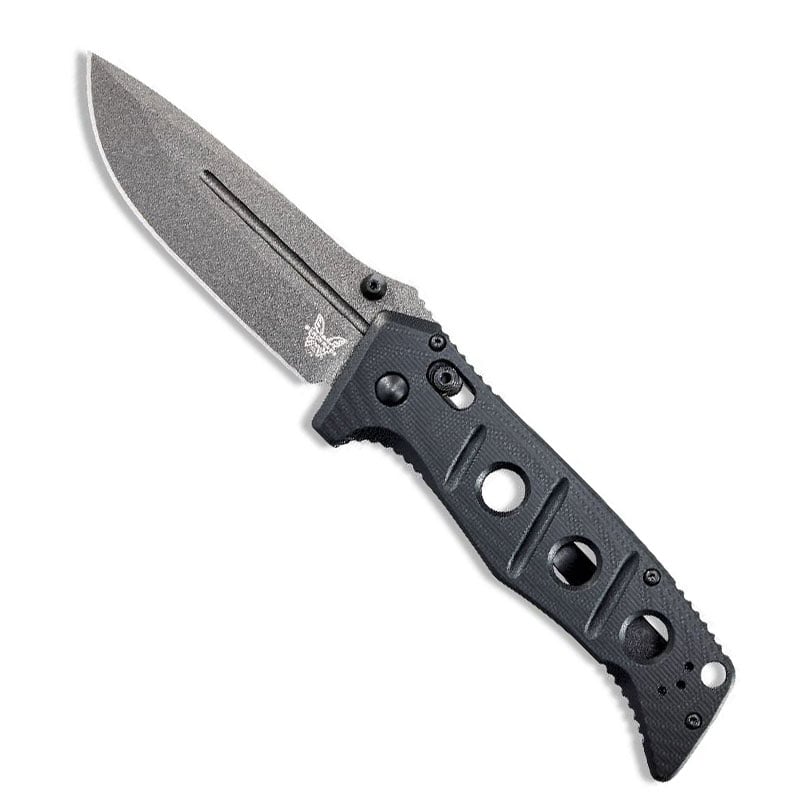 Benchmade 275GY-1 Adamas folding knife with tungsten grey blade and black G10 handle with ballistic nylon sheath