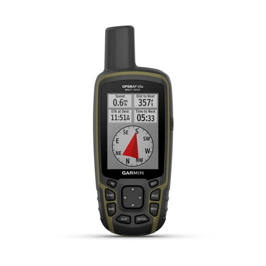 Garmin GPSMAP 65S handheld GPS unit with 2.6 inch color display showing topographic map interface
