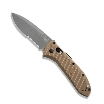 Benchmade Presidio II Auto tactical knife with gray coated serrated blade and burnt bronze aluminum handle