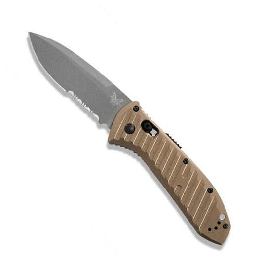 Benchmade Presidio II Auto tactical knife with gray coated serrated blade and burnt bronze aluminum handle
