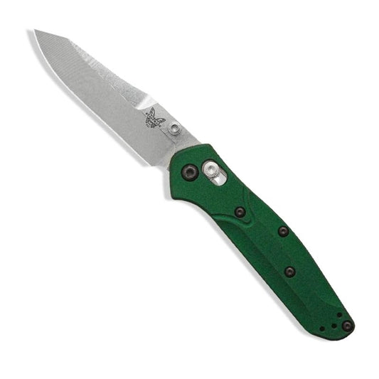 Benchmade 945 Mini Osborne folding knife with reverse tanto blade and green anodized aluminum handle