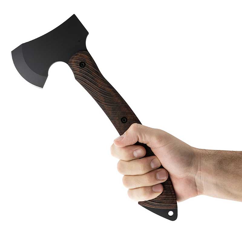 Toor Knives Camp Axe with broad cutting head, flat hammer poll, fluted handle, and leather sheath