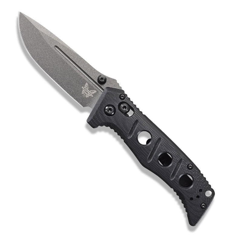 Benchmade 273GY-1 Mini Adamas folding knife with tungsten grey blade and black G10 handle scales