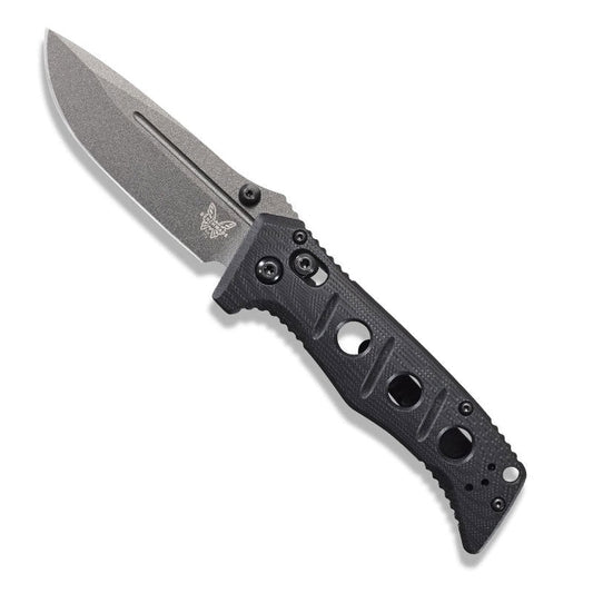 Benchmade 273GY-1 Mini Adamas folding knife with tungsten grey blade and black G10 handle scales