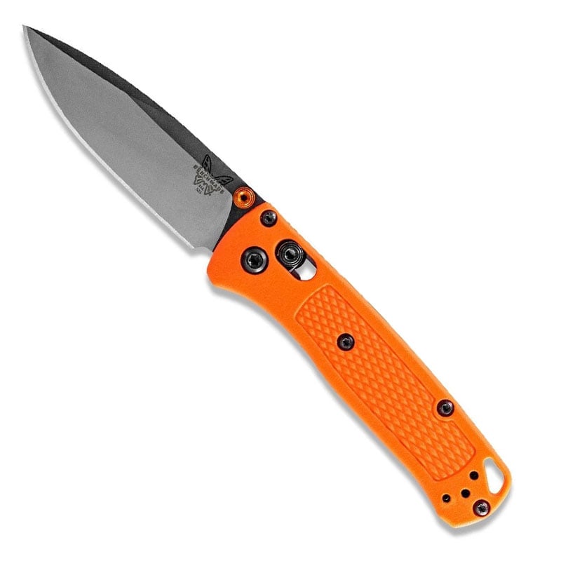 Benchmade 533 Mini Bugout folding knife with orange Grivory handle and satin finished CPM-S30V drop-point blade