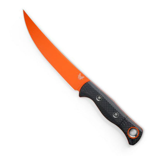 Benchmade 15500OR-2 Meatcrafter fixed blade knife with orange finish and carbon fiber handle