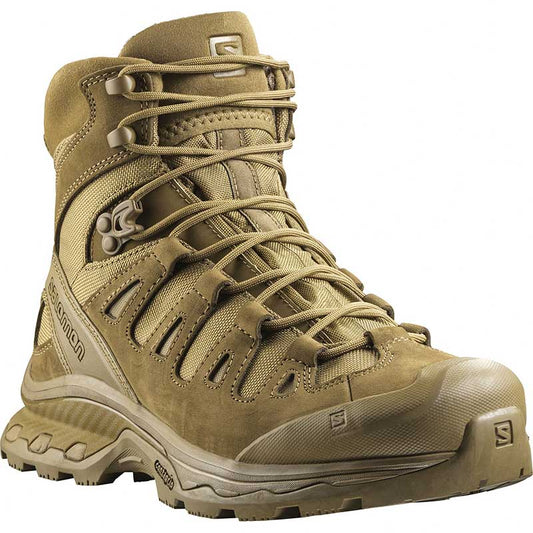 Salomon Quest 4D Forces 2 tactical hiking boot in coyote brown color with high-ankle support and aggressive tread pattern