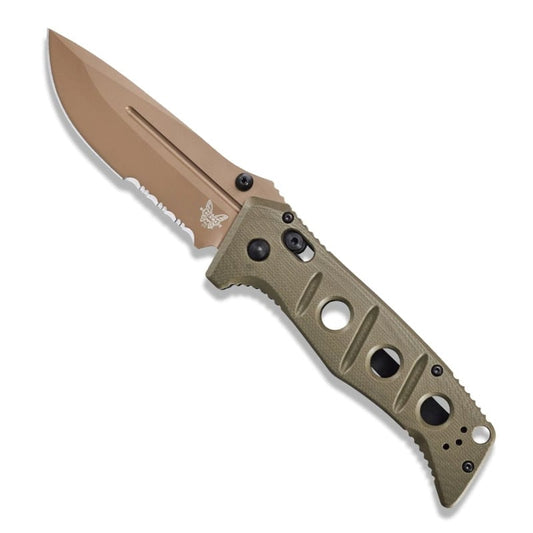 Benchmade 275SFE-2 Sibert Adamas tactical folding knife with flat earth G10 handle and partial serrated blade