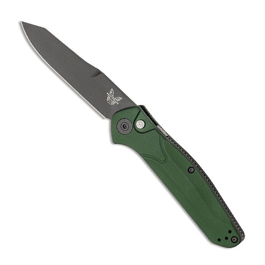Benchmade 9400BK automatic folding knife with black and green aluminum handle and reverse tanto blade