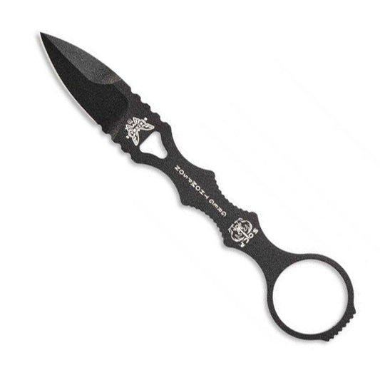 Benchmade 177BK Mini SOCP fixed blade knife with black coated spear point blade and injection molded sheath