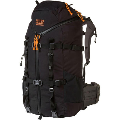 Mystery Ranch Terraframe 3 Zip 50 backpack in loden green showing OVERLOAD load sling and 3-ZIP design