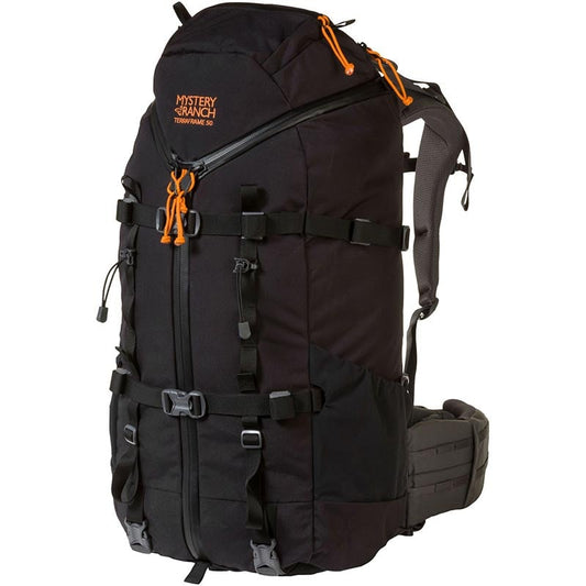 Mystery Ranch Terraframe 3 Zip 50 backpack in loden green showing OVERLOAD load sling and 3-ZIP design