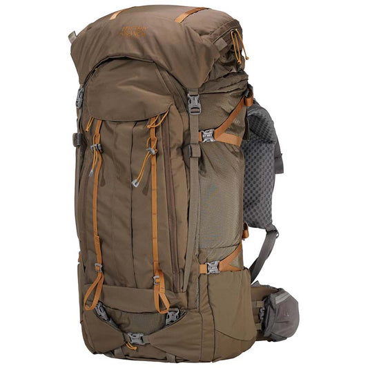 Mystery Ranch Bridger 65 backpack in copper color showing convertible lid and dual access design