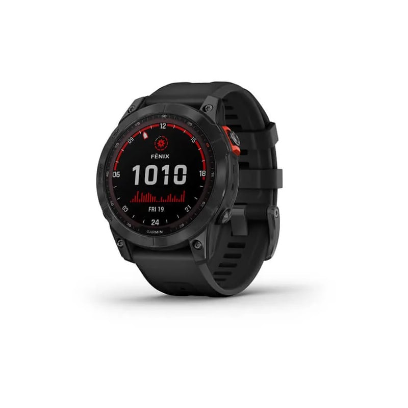 Garmin fenix 7 Solar Edition GPS watch with slate gray 47mm case and black silicone band