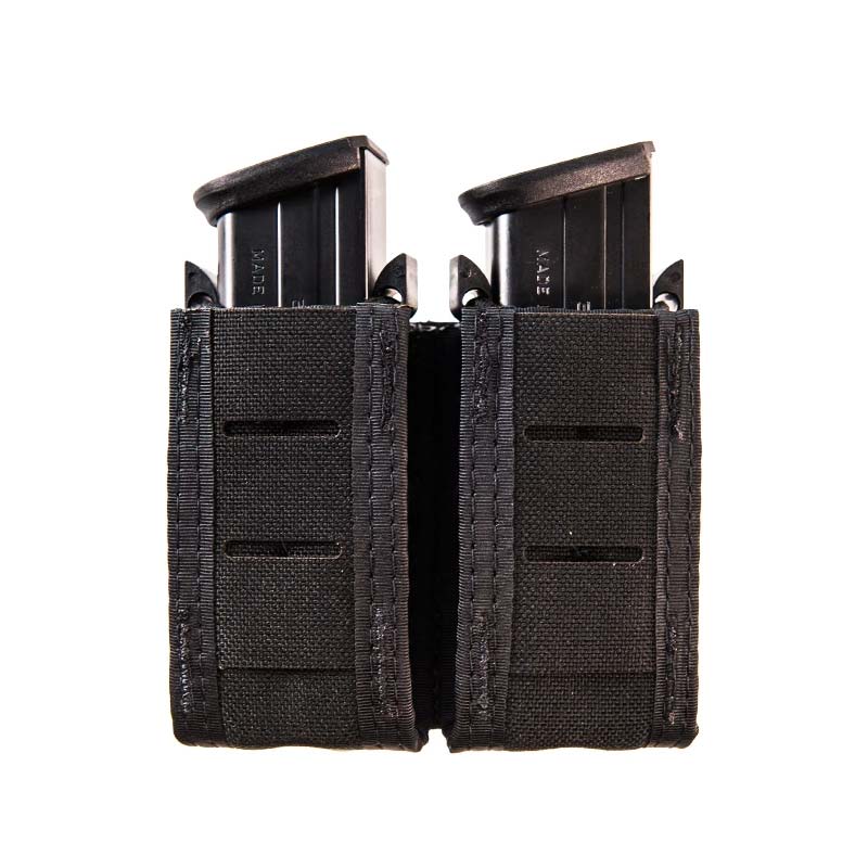 High Speed Gear black double pistol magazine pouch with TACO retention system and universal mounting clips