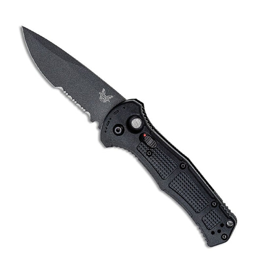 Benchmade 9070SBK Claymore automatic folding knife with black handle and CPM-D2 steel drop point blade