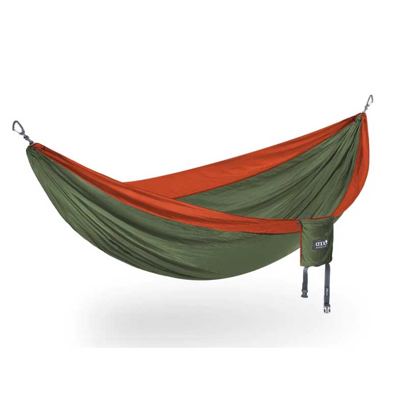 ENO DoubleNest Hammock in olive and orange colorway with aluminum carabiners and integrated stuff sack