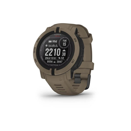 Garmin Instinct 2 Solar Tactical Edition 45mm GPS watch in coyote tan with rugged polymer case and tactical display