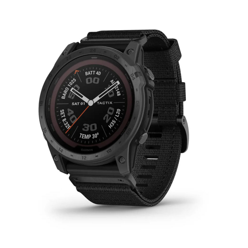 Garmin Tactix 7 Pro Solar GPS watch with black case, solar charging display, and tactical button controls