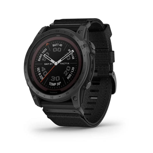 Garmin Tactix 7 Pro Solar GPS watch with black case, solar charging display, and tactical button controls