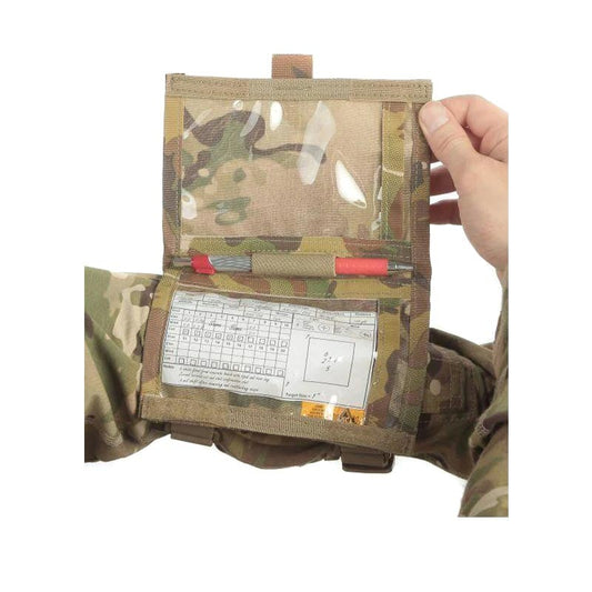 Raine Tactical QB Sleeve arm-mounted card holder in Multicam pattern with three clear windows for 3x5 inch cards
